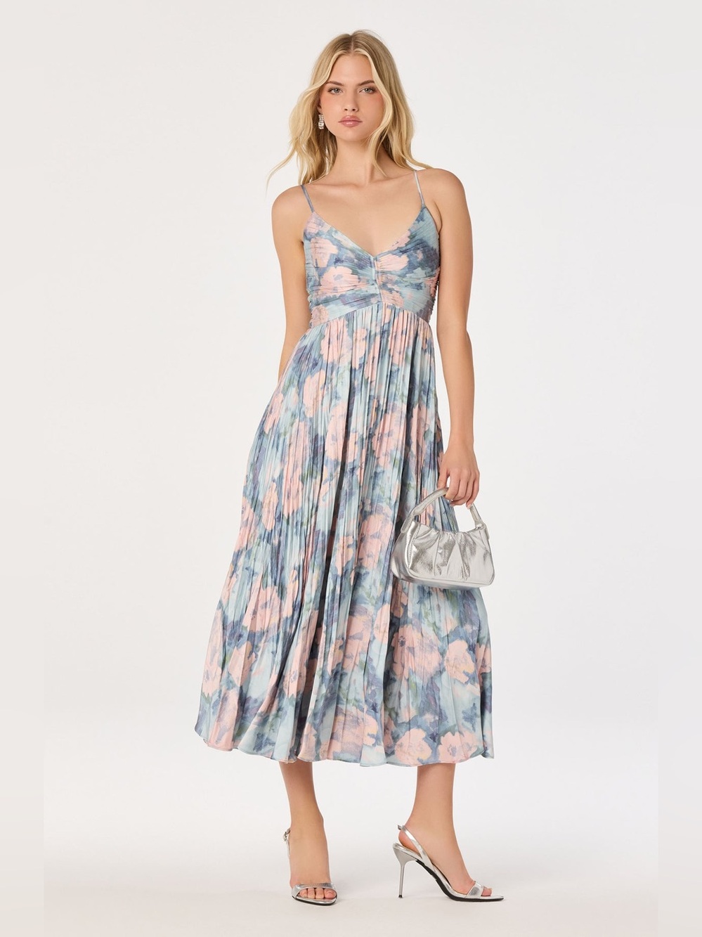 ASTR The Label Maeve Floral Pleated Satin Midi Dress in Blue Multi Abstract S - Picture 9 of 9
